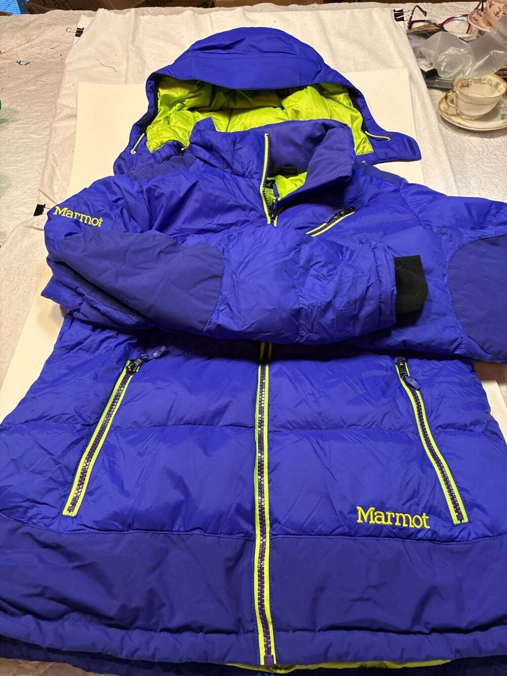 Marmot Down Insulated Hooded Jacket - Blue/Neon Green - Size Large